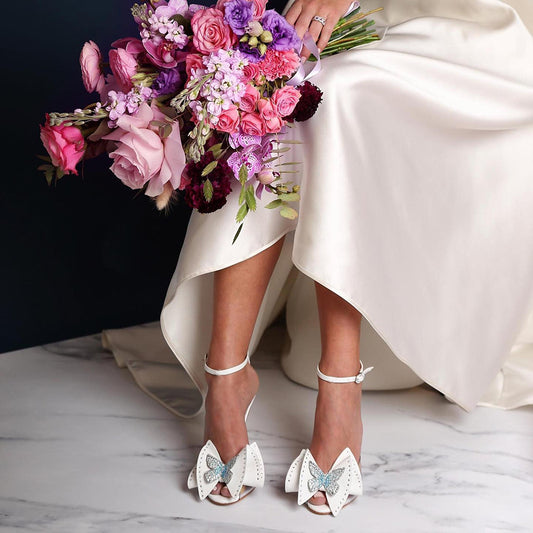 Elegant White Wedding Sandals Peep Toe Rhinestone Butterfly Heels
