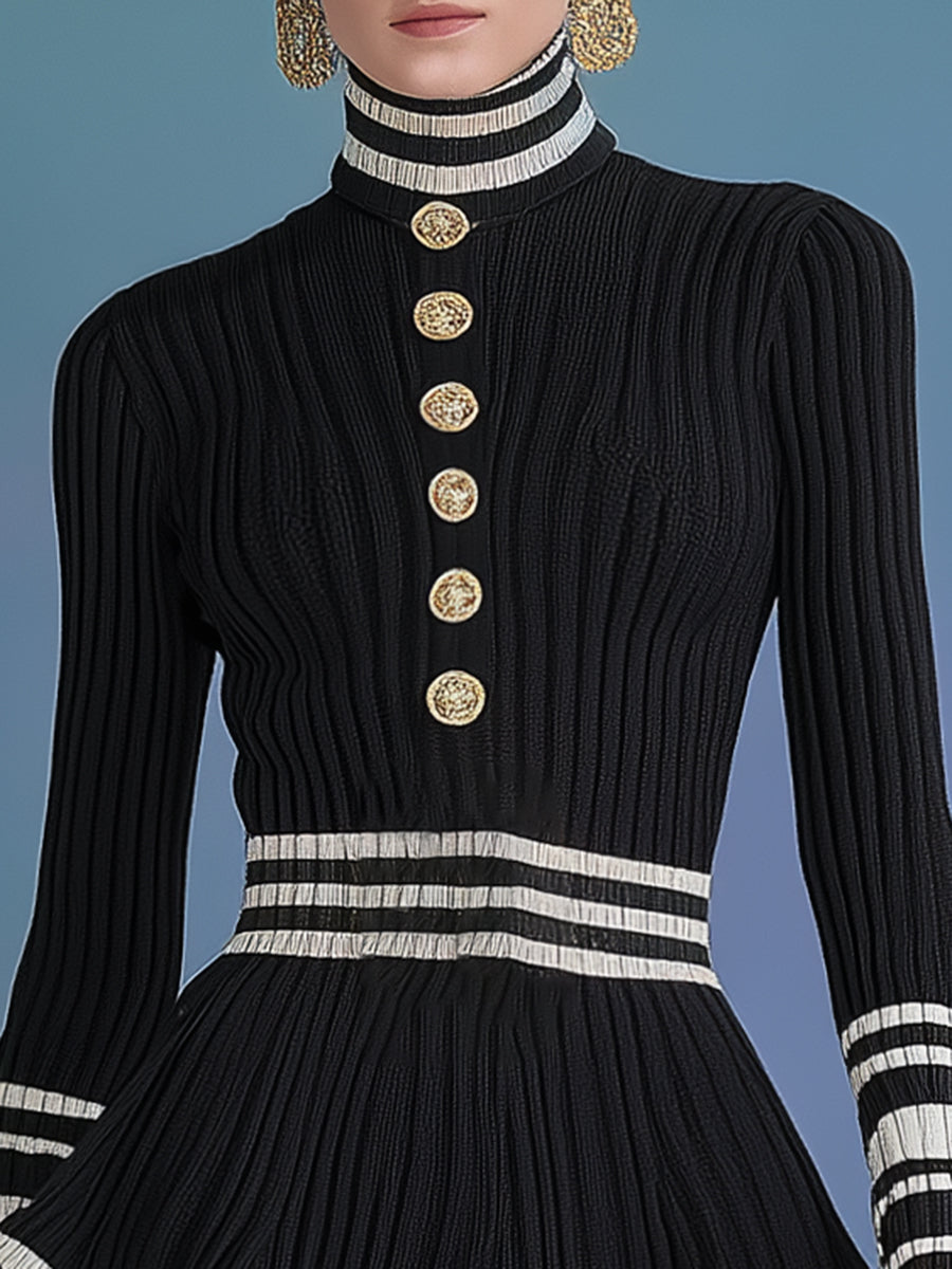 Exquisite And Elegant Gold Buttons Black High-neck Knitted Mini Dress