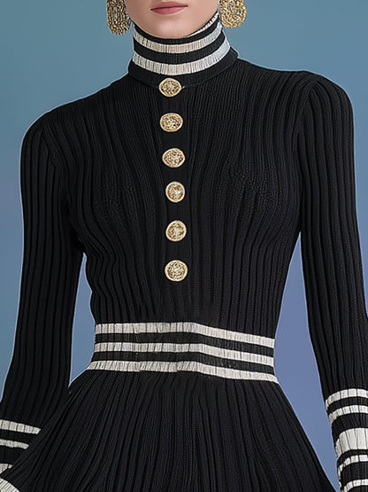 Exquisite And Elegant Gold Buttons Black High-neck Knitted Mini Dress