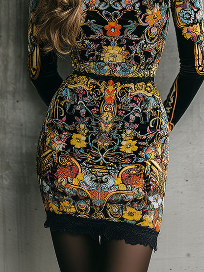Baroque Multicolor Floral Print Velvet Lace Trim Mini Dress