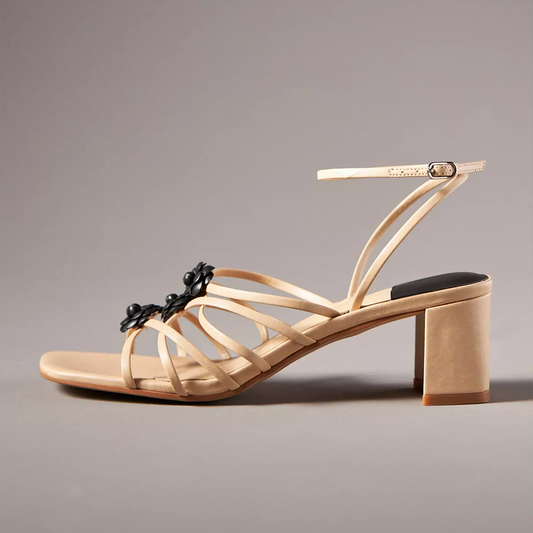 Beige Square Toe Chunky Heel Criss-Cross Ankle Strap Sandals