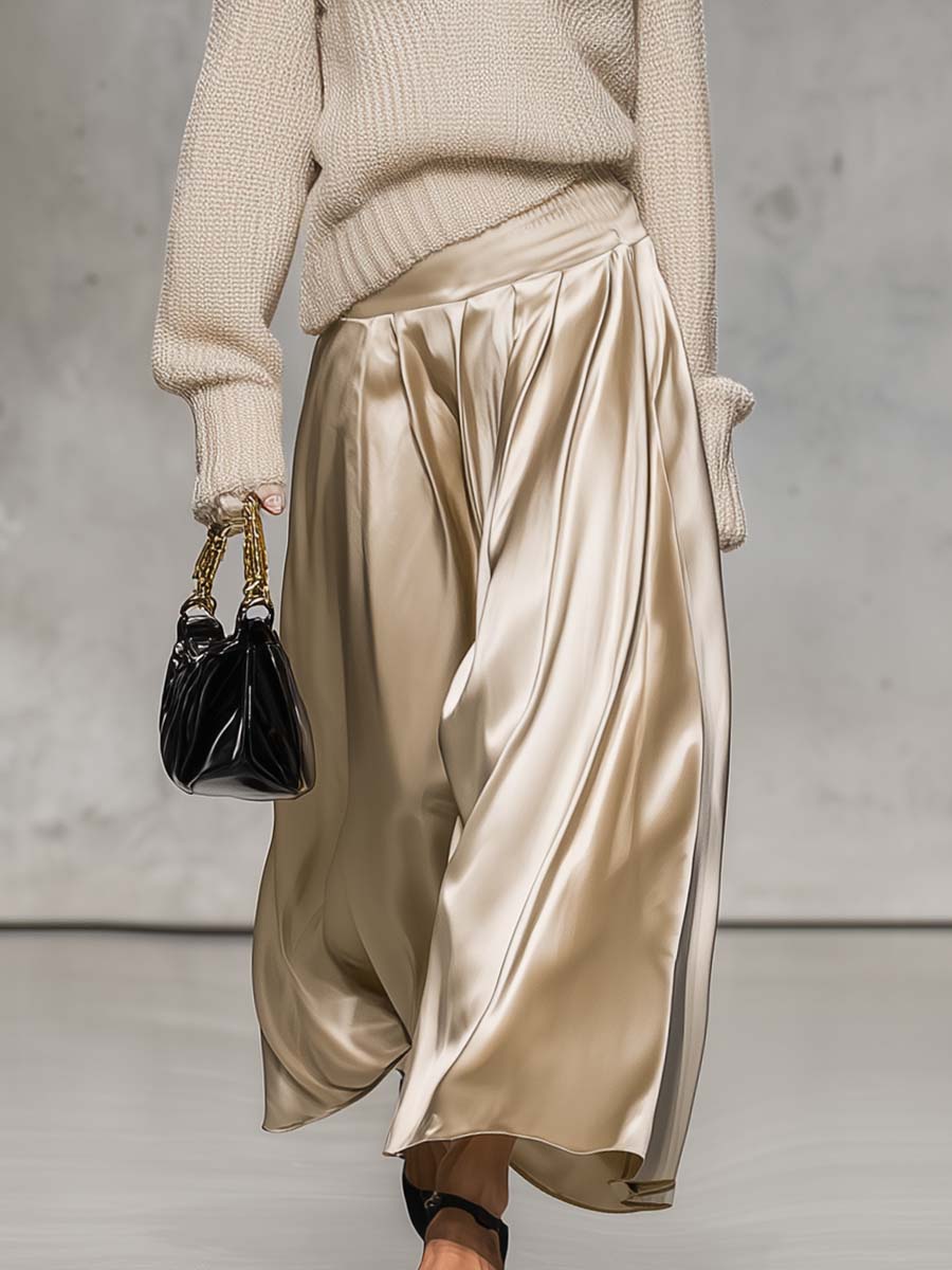 Elegant Beige Off-the-shoulder Knitted Long-sleeved Top And Pleated Satin Wide-leg Pants Set