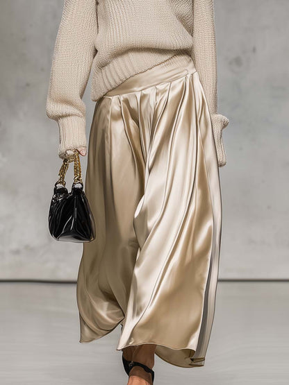 Elegant Beige Off-the-shoulder Knitted Long-sleeved Top And Pleated Satin Wide-leg Pants Set