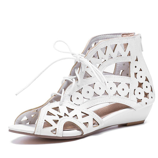Beige Open Toe Wedge Heel Cut Out Lace Up Sandals