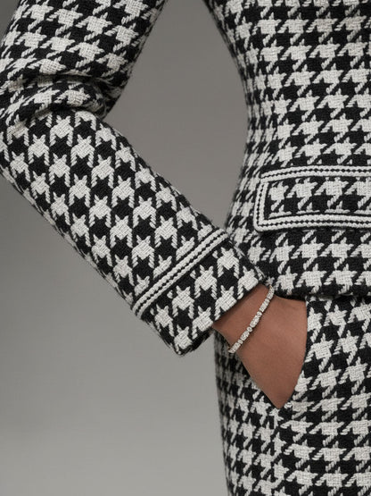 Elegant Black And White Houndstooth Lapel Blazer And Skirt Set