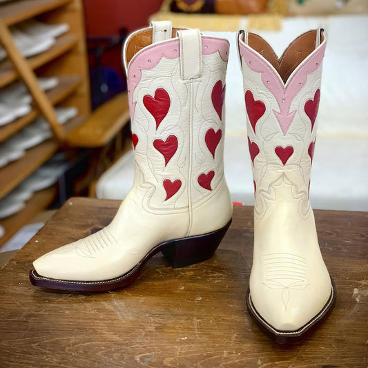 Faux Leather Red Heart Snip Toe Block Heel White Cowgirl Boots