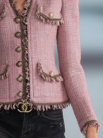Elegant And Fashionable Black Raw-edge Pink Short Blazer