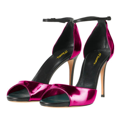 Fuchsia Metallic Ankle Strap Open Round Toe Stiletto Heeled Sandals