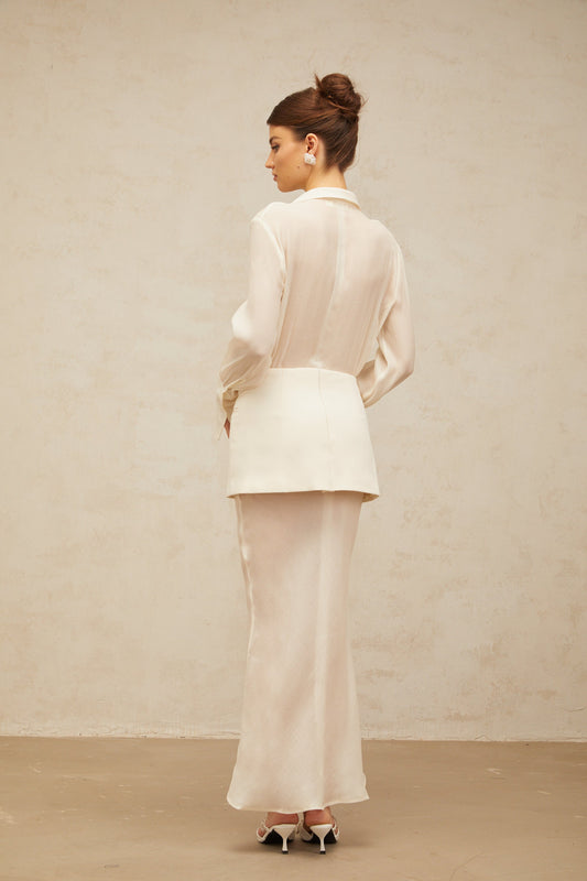 Gisèle white panelled semi-sheer maxi dress