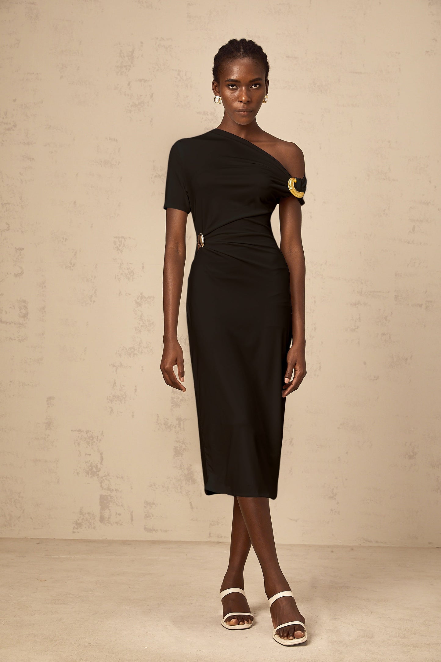 Béryl Black Asymmetrical Buckle Midi Dress
