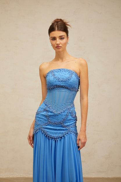 Gaëlle blue faux-pearl-embellished pleated maxi dress