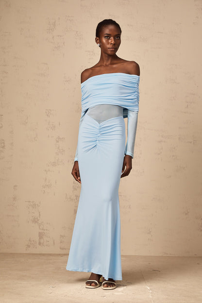 Ninon blue off-shoulder ruched maxi dress