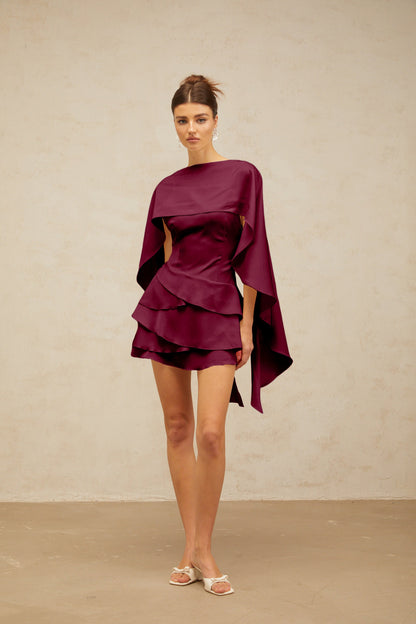 Lyna shawl-panel ruffled satin mini dress in Red