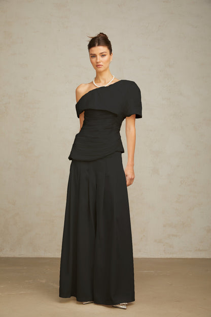 Adèle creased top & trousers matching set in Black