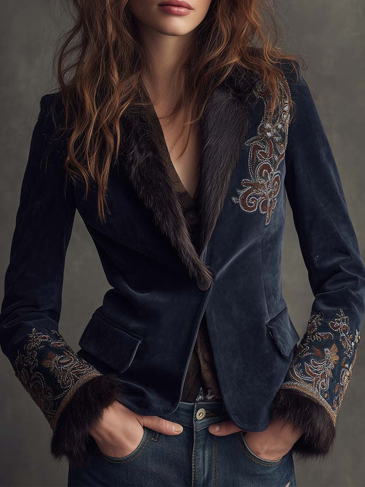 Embroidered Navy Velvet Jacket With Fur Collar And Cuffs