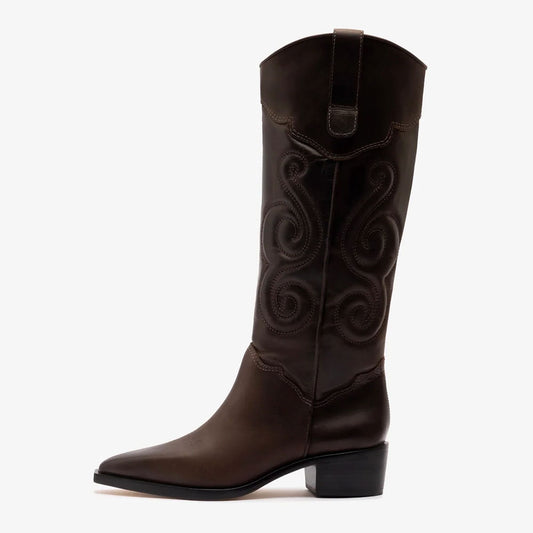 Dark Brown Chunky Heel Women's Western Boots with Embroidery
