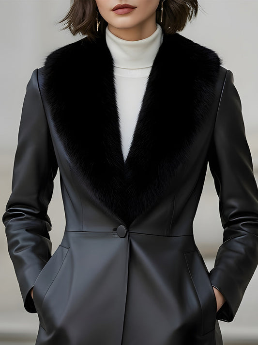 Faux Leather Coat With Faux Fur Shawl Collar