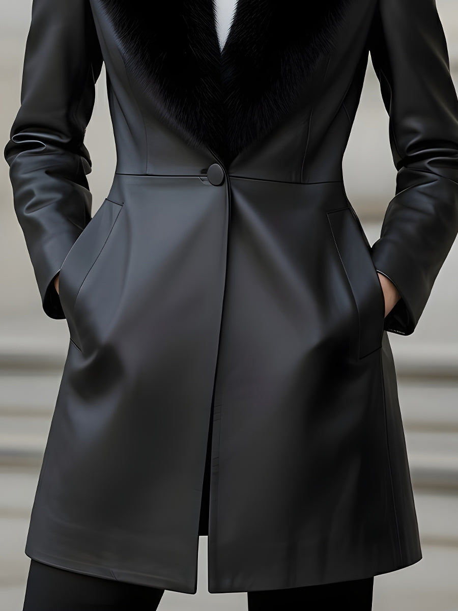 Faux Leather Coat With Faux Fur Shawl Collar