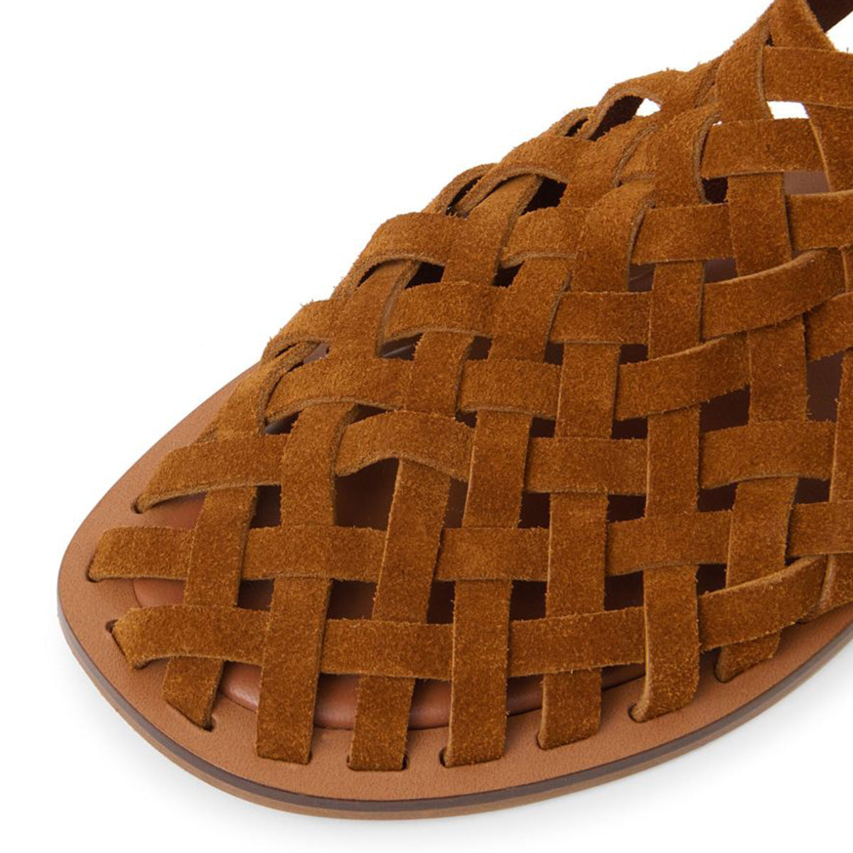 Faux Suede Square Toe Dark Brown Flat Women Sandals with Woven