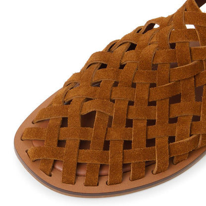 Faux Suede Square Toe Dark Brown Flat Women Sandals with Woven