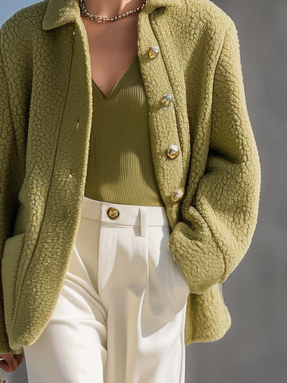 Fashionable And Versatile Fruit Green Polar Fleece Small Lapel Front Button Jacket Coat