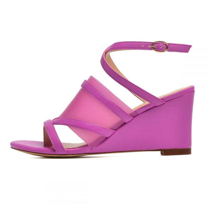 Fuchsia Open-Toe Crossover Strap Buckle Wedge Sandals for Women