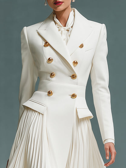 Elegant And Fashionable White Double-breasted Long-sleeved Midi Dress