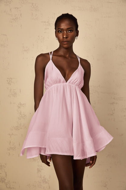 Quincie Pink Shirred Flounced Mini Dress