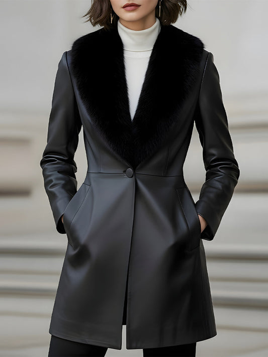 Faux Leather Coat With Faux Fur Shawl Collar