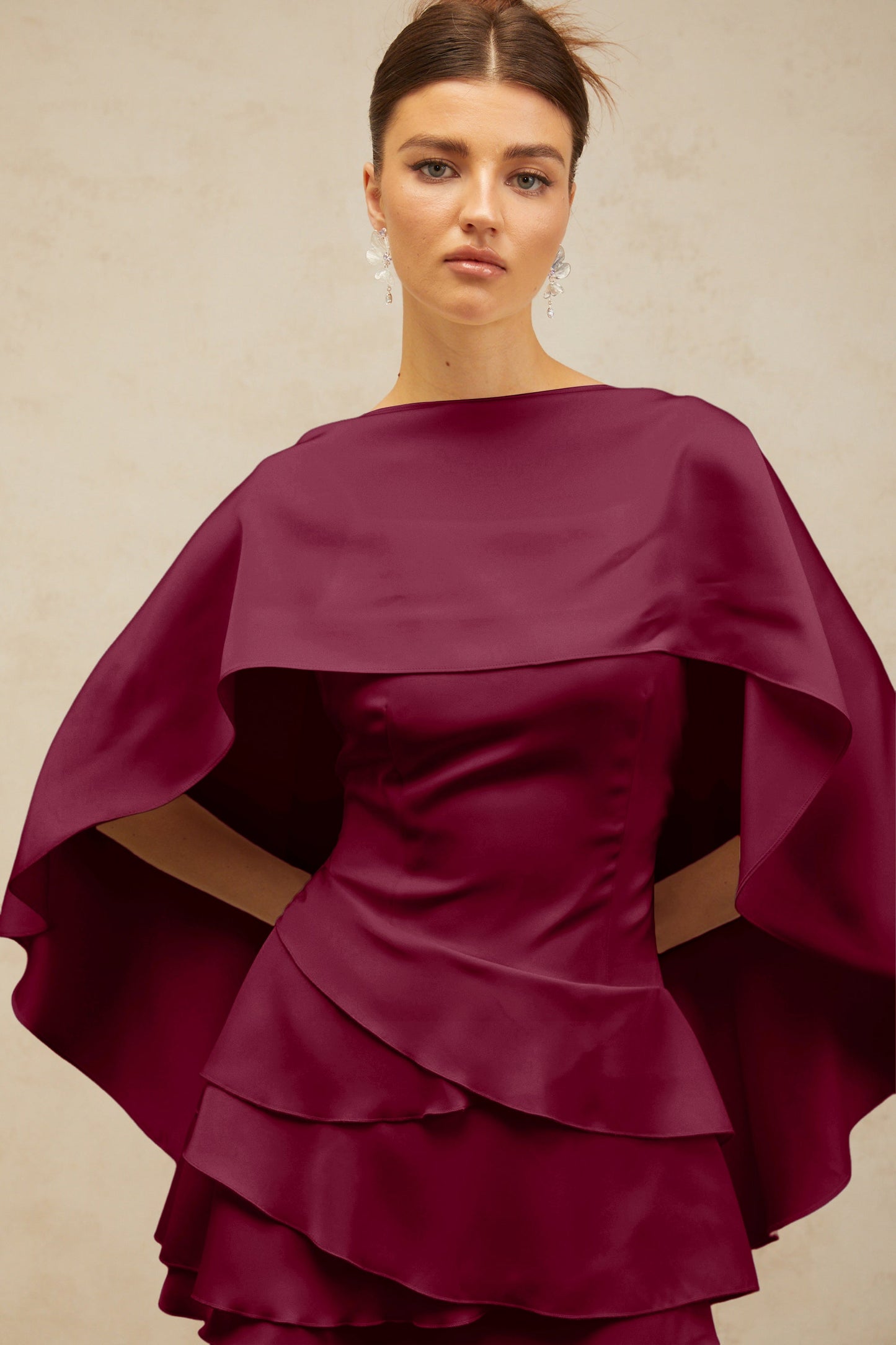 Lyna shawl-panel ruffled satin mini dress in Red