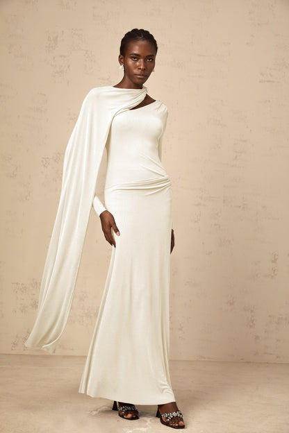 Josette White Diagonal Shawl Fitted Maxi Dress