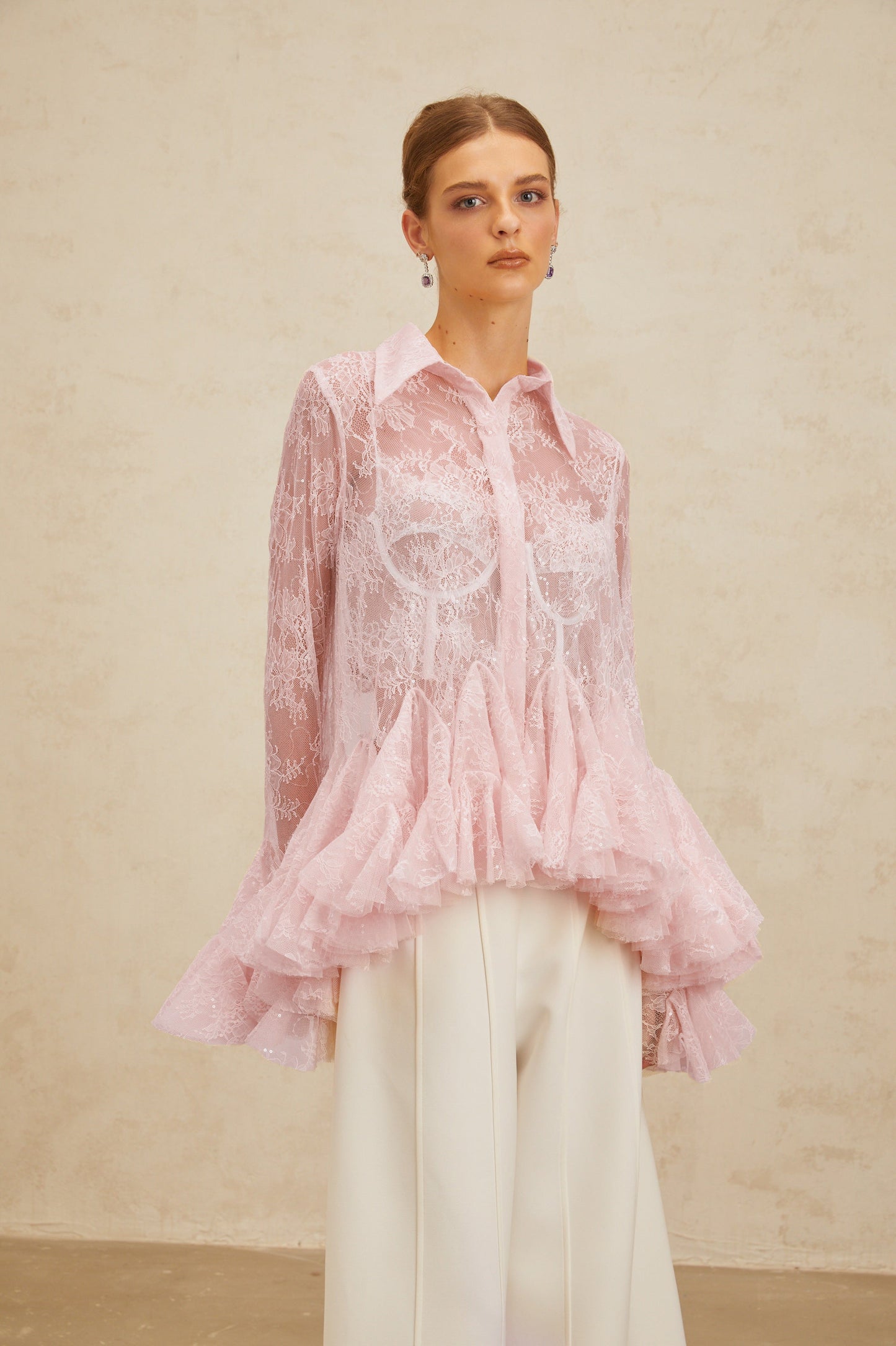Ingrid Pink Peplum Floral Lace Blouse