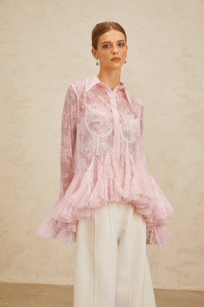 Ingrid Pink Peplum Floral Lace Blouse