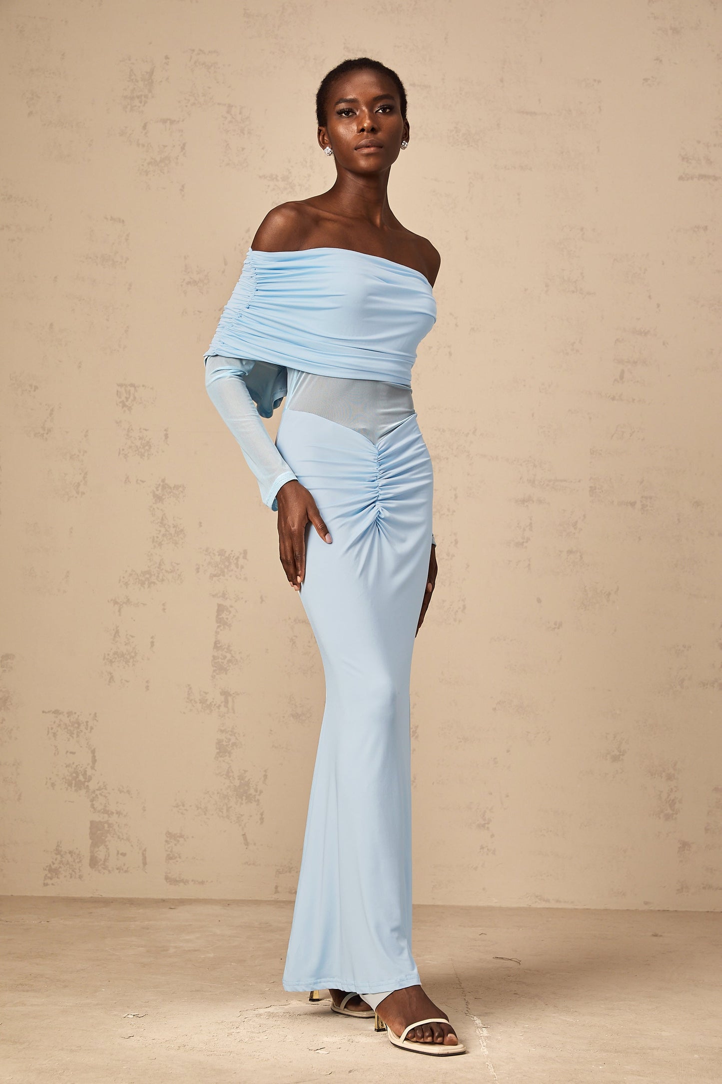 Ninon blue off-shoulder ruched maxi dress