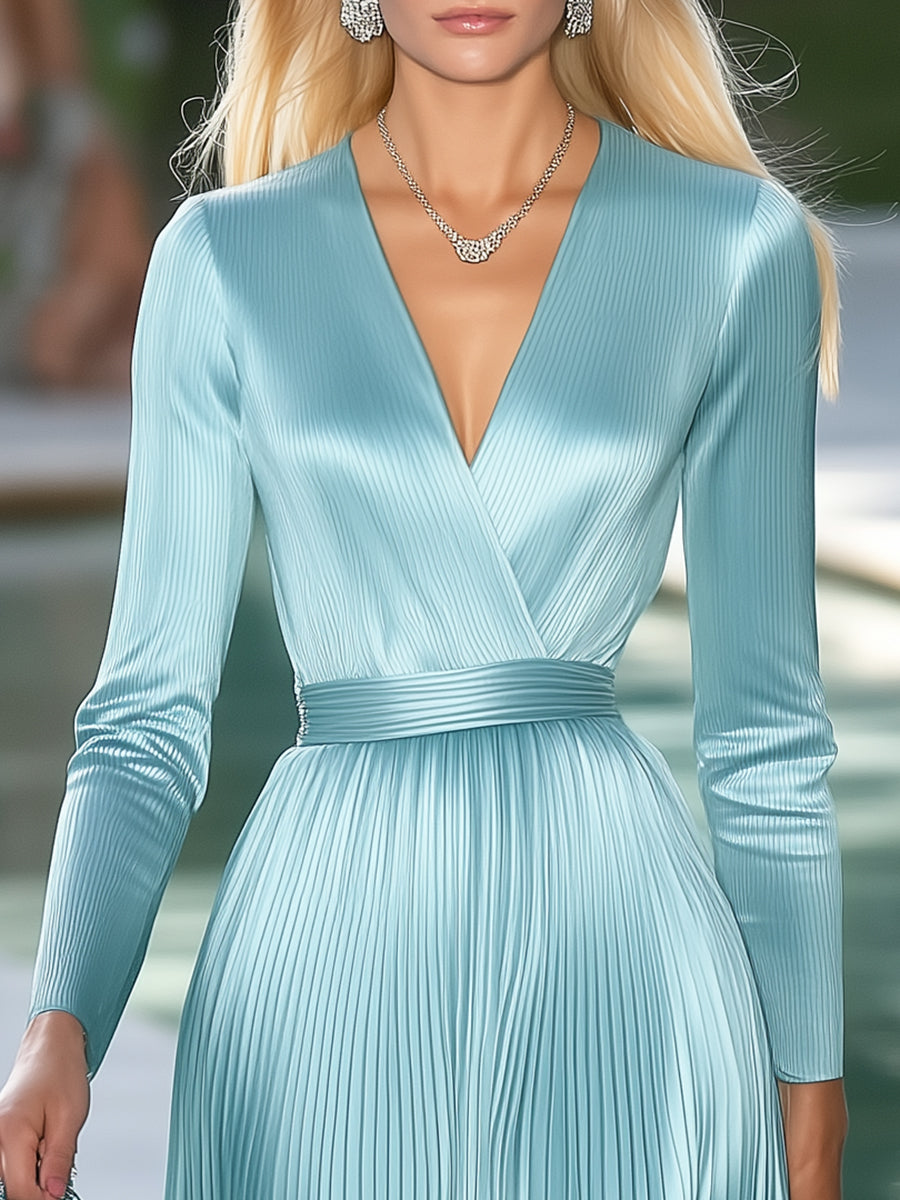 Elegant And Fashionable Blue V-neck Satin Pleated Long-sleeved Maxi Dress