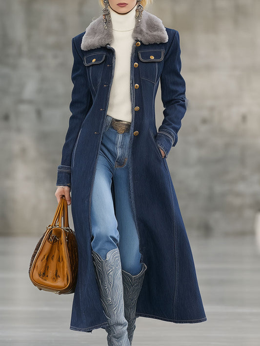 Fashion Retro Fur Collar And Fur Edge Dark Blue Denim Long Coat