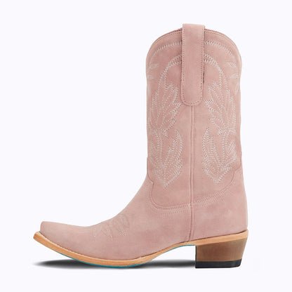 Beige Faux Suede Pointed Toe Chunky Heel Mid-Calf Cowgirl Boots