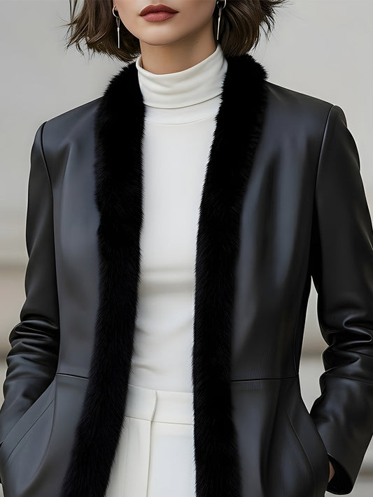 Faux Leather Blazer With Fur Trim