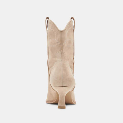Beige Pointed Toe Kitten Heel Pull Tab Ankle Boots with Stitching