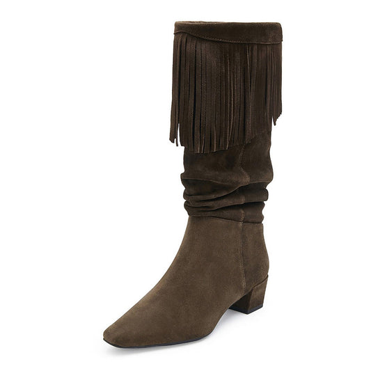 Dark Olive Slip On Mid Calf Block Heel Fringe Square Toe Slouch Boots