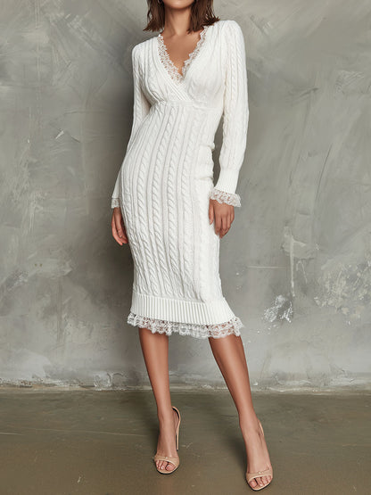 Elegant White Cable Knit Sweater Dress With Lace Trim