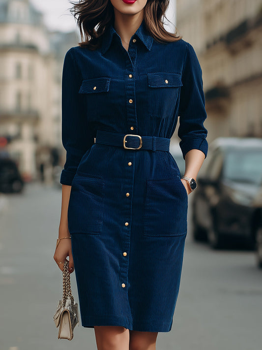 Elegant Navy Corduroy Belted Shirt Dress