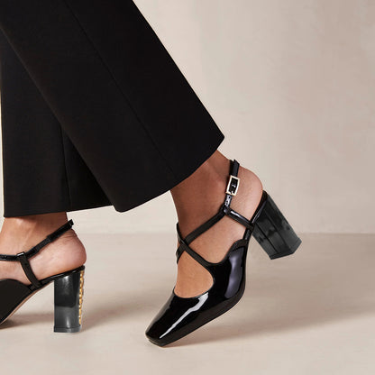 Full Black Patent Leather Mary Jane Designer Chunky Heel Slingback Mary Janes