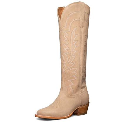 Beige Embroidered Almond Toe Chunky Heel Knee-High Cowgirl Boots