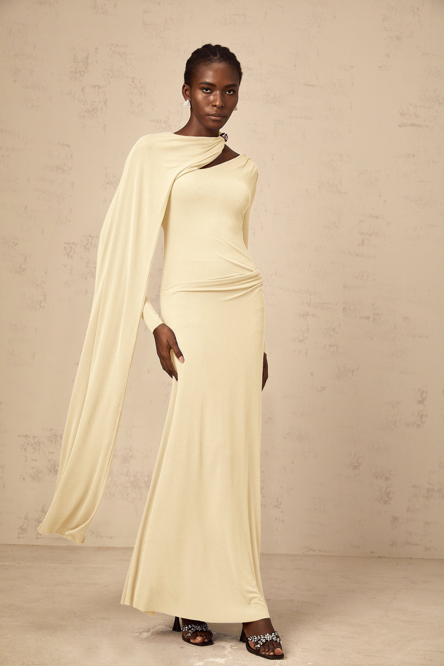 Josette Yellow Diagonal Shawl Fitted Maxi Dress