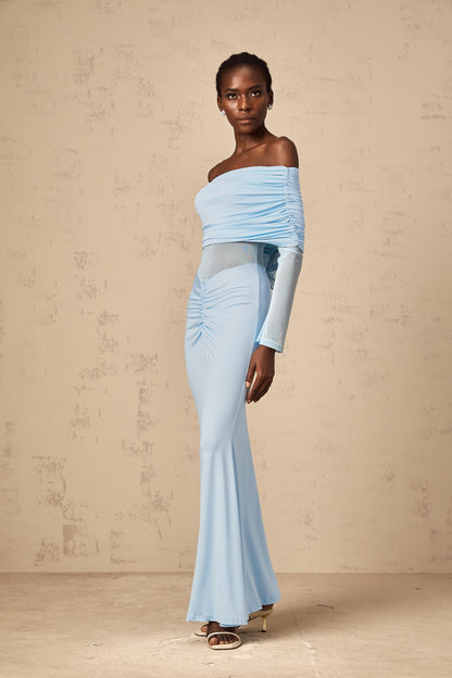 Ninon blue off-shoulder ruched maxi dress