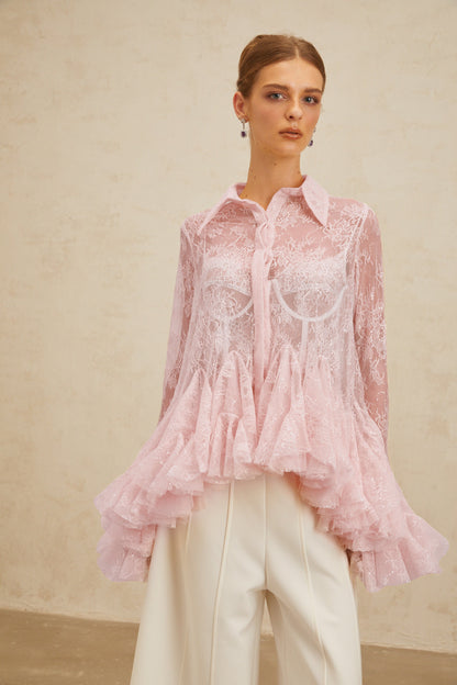 Ingrid Pink Peplum Floral Lace Blouse