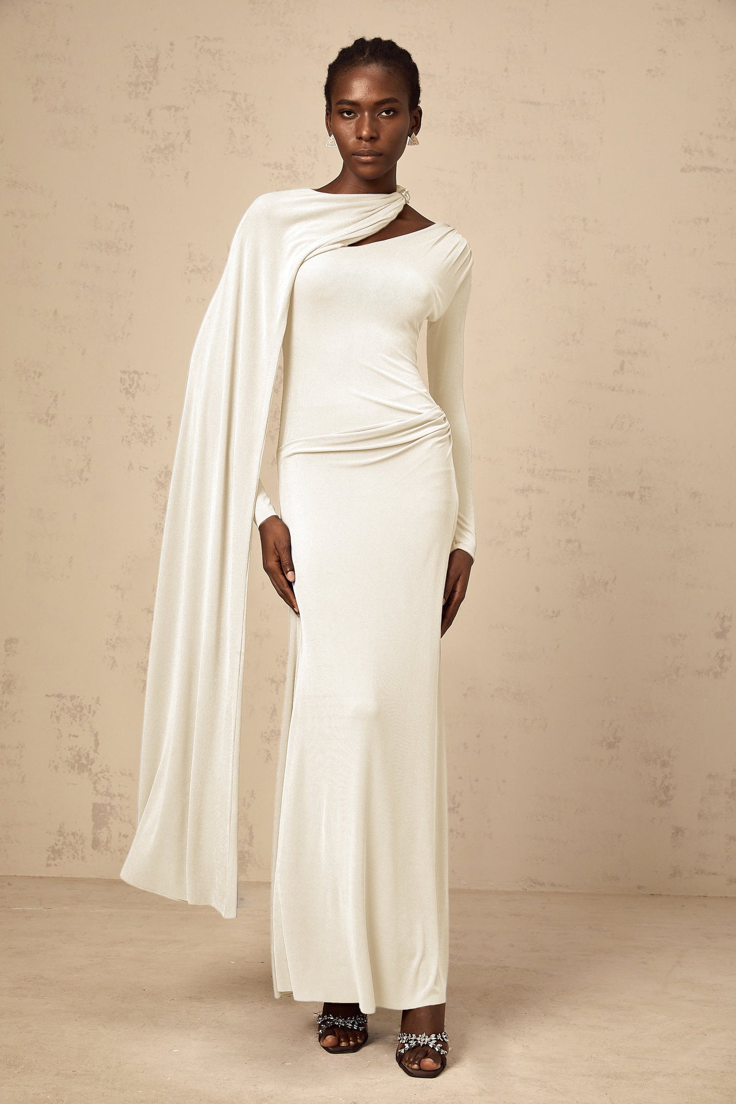 Josette White Diagonal Shawl Fitted Maxi Dress