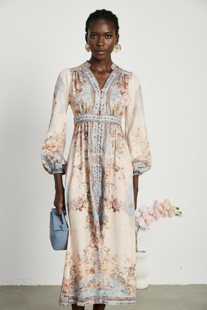 Camille floral-print long-sleeve boho dress