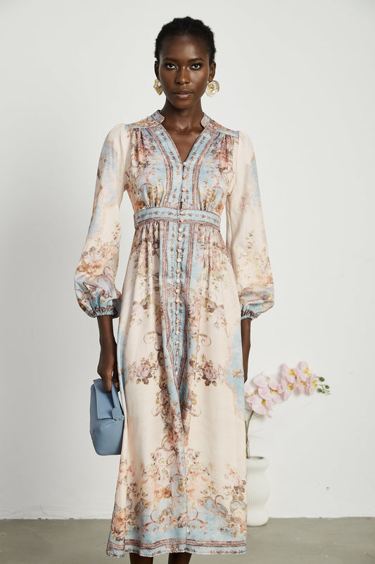 Camille floral-print long-sleeve boho dress
